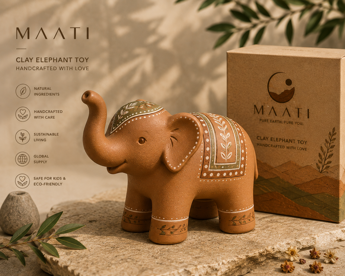 Hand-painted MAATI clay elephant